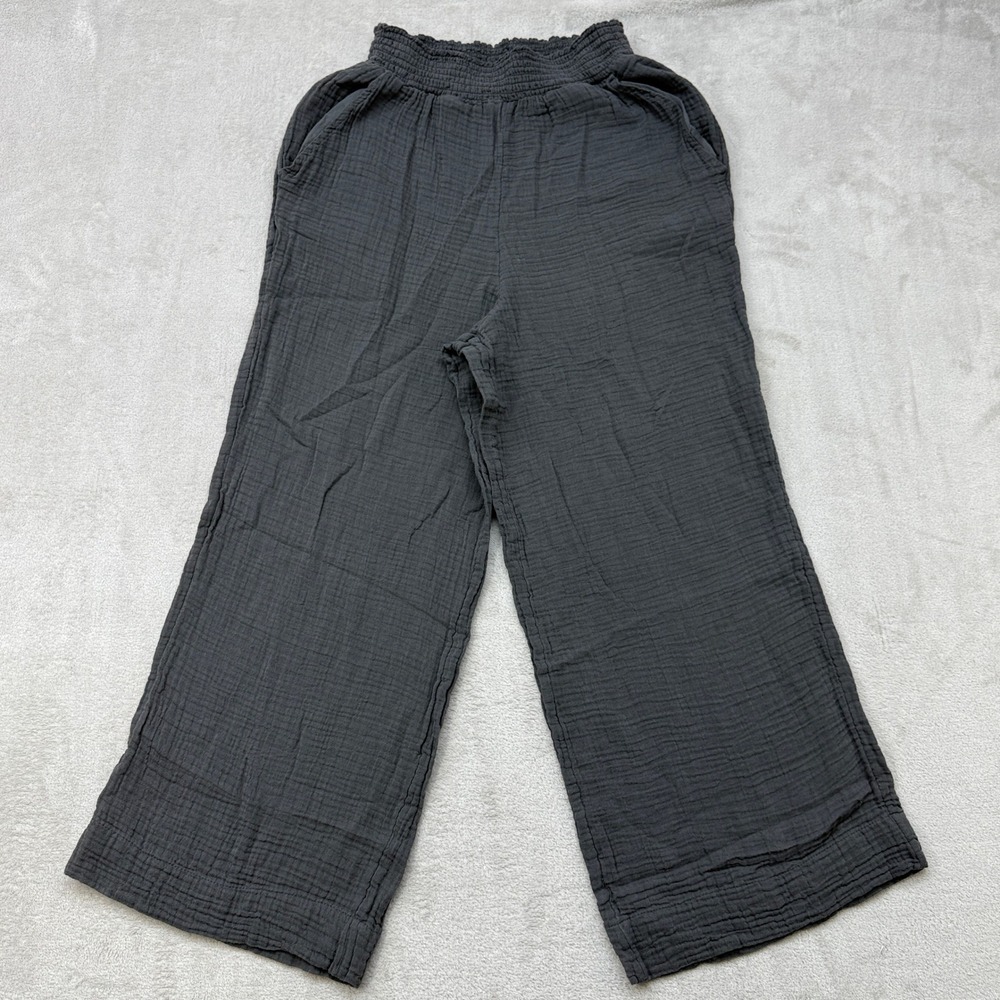 Faherty Wide Crop Pants Women Small Grey Organic Cotton Gauze Smocked Beach Boho